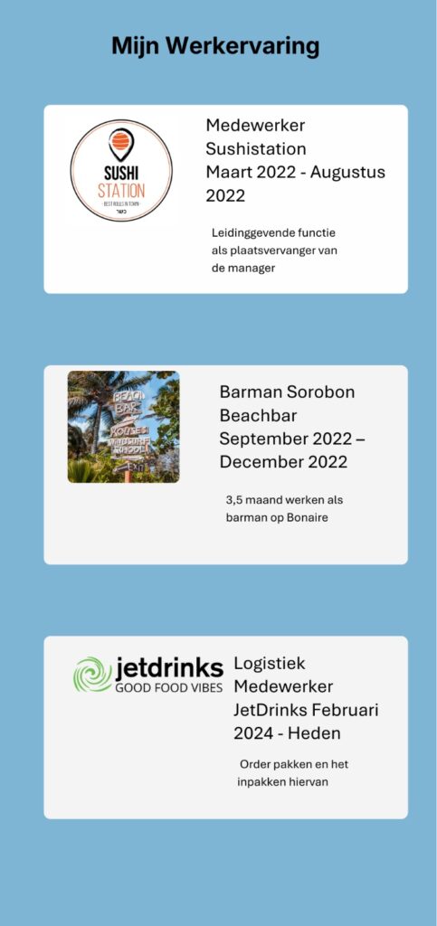 Mijn werk ervaring: Mede Sushistation: Maart 2022-Augustus 2022. Barman Sorobon beachbar: September 2022- December 2022. Logistiek Medw Jetdrinks Februari 2022- Heden.